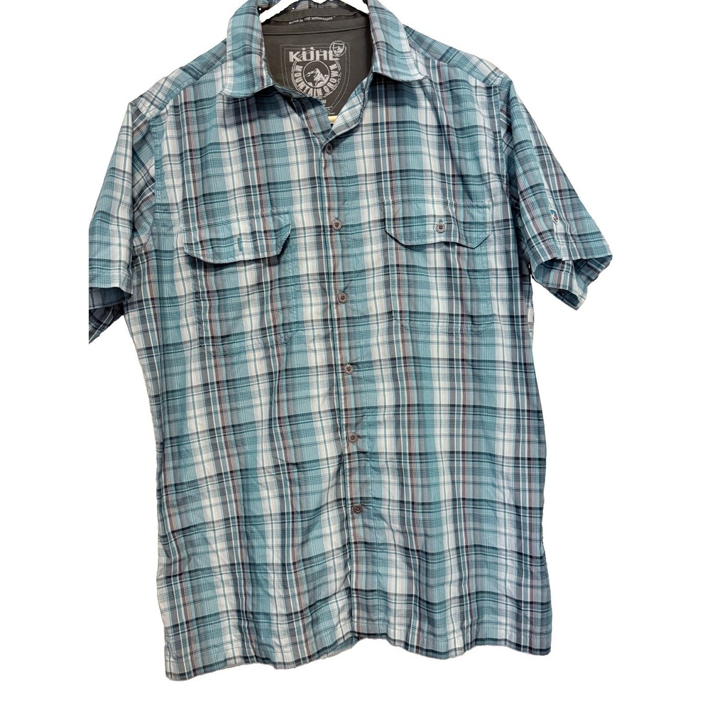 KUHL Mens Short Sleeve Blue Plaid Button Up Shirt Medium Regular Fit Outdoor